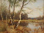 a painting of a landscape with a natural lake or marsh which is lined with white birth that do not have many leaves. The grasses lining the lake are golden or red.